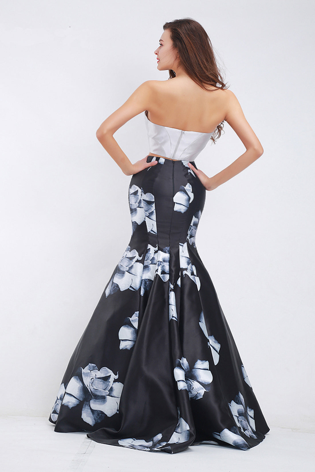 Black Floral Satin Two Piece Sleeveless Long Mermaid Evening Dress Pro cathyprom Black Floral Satin Two Piece Sleeveless Long Mermaid Evening Dress Pro cathyprom