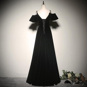 A-Line Black Off The Shoulder Velvet Long Prom Dress, Evening Dress CMS211128