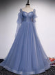 A-Line Long Sleeves Sweetheart Tulle Long Prom Dress With Beading, Evening Dress YZ211049