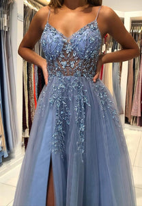 Blue V-Neck Tulle Long Prom Dress With Beads, Evening Dress YZ211072