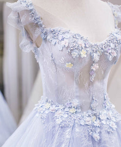 Blue Lace Floral Long Prom Dresses, Flower Long Formal Graduation Dresses LB1123