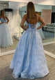 Blue V-neck Tulle Sequins Spaghetti Straps Ball Gown Dress YZ9337