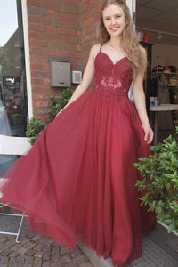 Burgundy A-line Tulle Lace Long Prom Dress, Evening Dress CMS211109