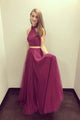 Burgundy Two Pieces High Neck Backless Long Tulle Prom Dress Evening Dresses OHC492 | Cathyprom