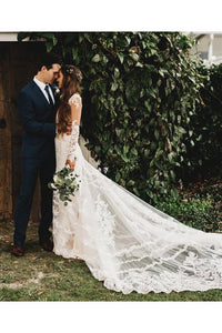 Chic Lace Appliques Mermaid Wedding Dress Long Sleeve Backless Bridal Gown CA042|CathyProm