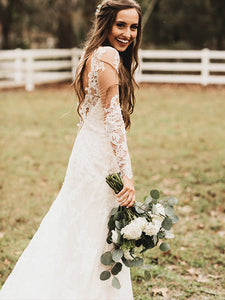 Chic Lace Appliques Mermaid Wedding Dress Long Sleeve Backless Bridal Gown CA042|CathyProm