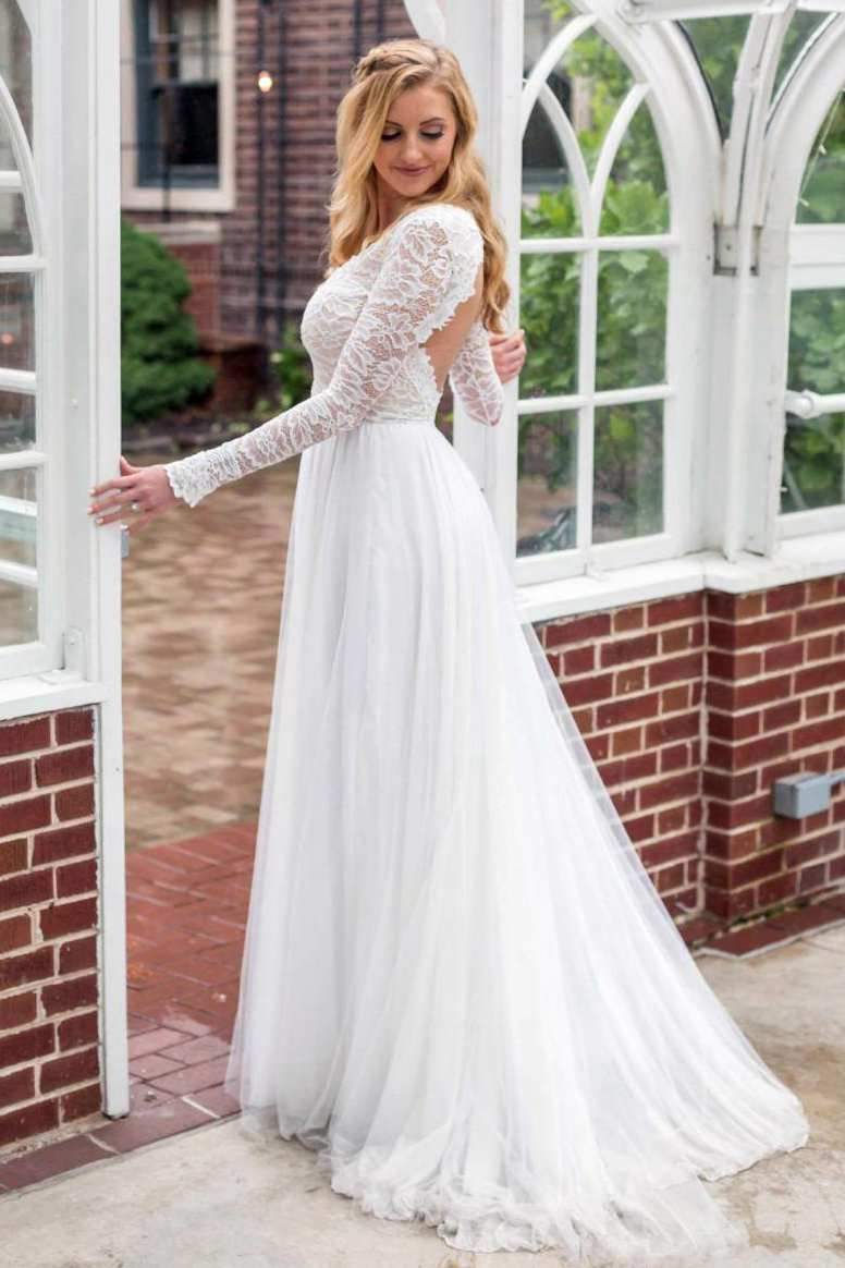 Long sleeve lace and chiffon wedding dress sale