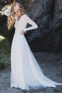 Lace Long Sleeve Bohemian Beach Wedding Dress Open Back Chiffon Bridal Gown CA044