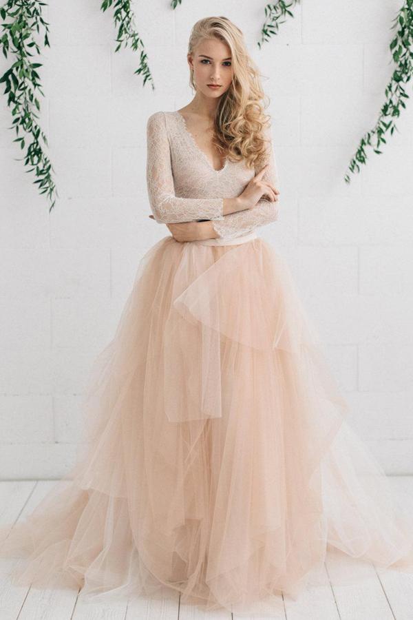 Lace Long Sleeve Champagne Wedding Dress Sexy V-Neck Rustic Wedding Dr cathyprom Lace Long Sleeve Champagne Wedding Dress Sexy V-Neck Rustic Wedding Dr cathyprom