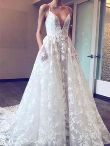 Unique Lace Wedding Dress Sexy Deep V-Neck A-Line Vintage Wedding Dress Bridal Gown CA064|CathyProm