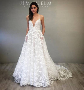 Unique Lace Wedding Dress Sexy Deep V-Neck A-Line Vintage Wedding Dress Bridal Gown CA064|CathyProm