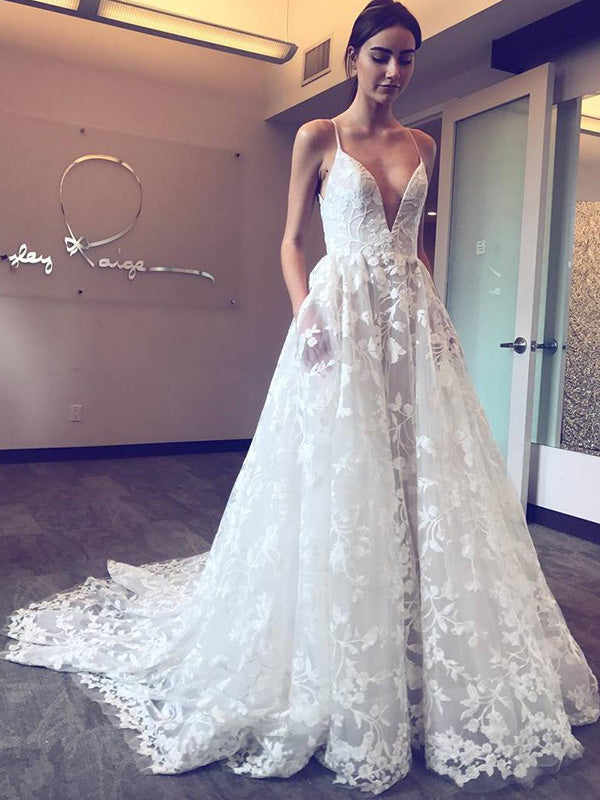 Strapless V-neckline Lace A-line Wedding Dress