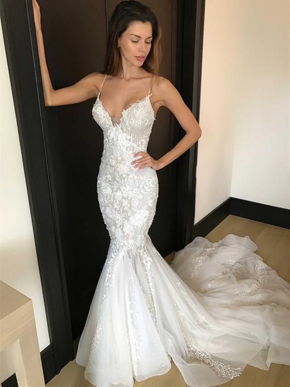 Sexy V neck Trumpet Mermaid Wedding Dress Open Back Lace Wedding