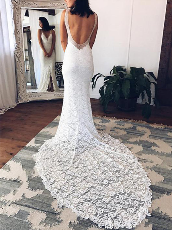 Exquisite Lace Trumpet Mermaid Wedding Dress with Slit Sexy Backless B cathyprom Exquisite Lace Trumpet Mermaid Wedding Dress with Slit Sexy Backless B cathyprom