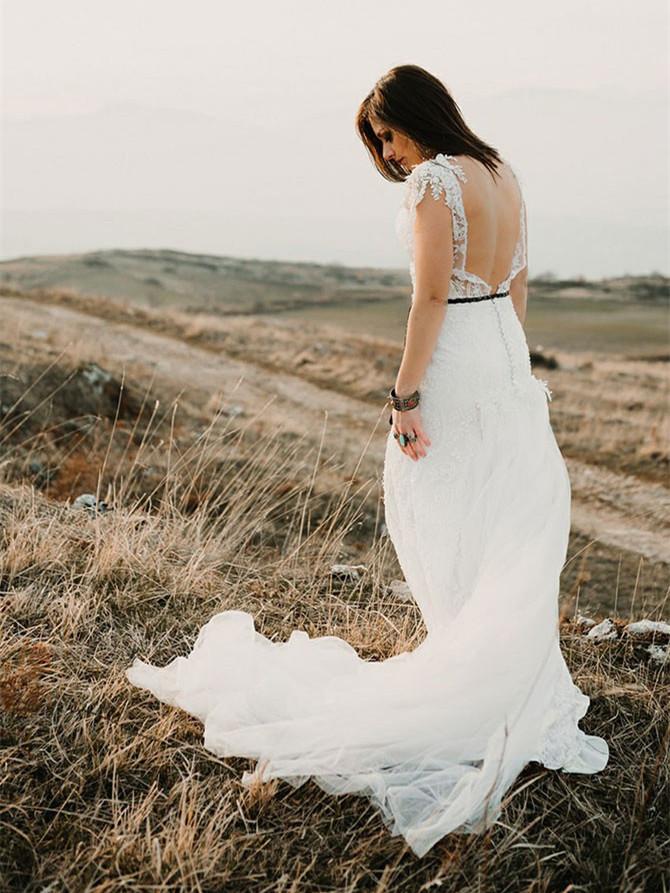 Cap Sleeve Lace Vintage Wedding Dress Backless A-Line Rustic Wedding D cathyprom Cap Sleeve Lace Vintage Wedding Dress Backless A-Line Rustic Wedding D cathyprom