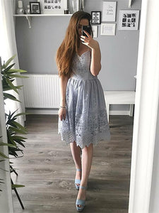 Exquisite Lace Light Blue Homecoming Dress Spaghetti Straps Short Prom Party Dress CA2103|CathyProm