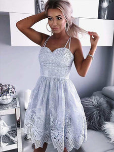Exquisite Lace Light Blue Homecoming Dress Spaghetti Straps Short Prom Party Dress CA2103|CathyProm