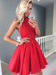 Modest Halter Red Short Homecoming Dress A-Line Embroidery Prom Party Dress CA2105|CathyProm