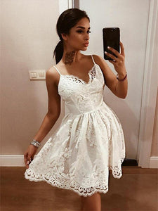 Modern Lace Short Homecoming Dress Sexy Spaghetti Straps White Prom Party Dress CA2106|CathyProm