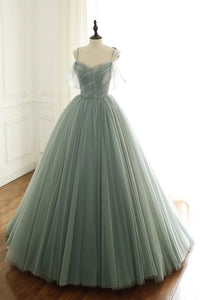 Ball Gown Spaghetti Straps Green Long Prom Dress Modest Tulle Formal Evening Dress CAP51234