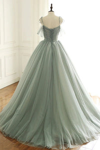 Ball Gown Spaghetti Straps Green Long Prom Dress Modest Tulle Formal Evening Dress CAP51234