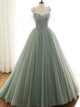 Ball Gown Spaghetti Straps Green Long Prom Dress Modest Tulle Formal Evening Dress CAP51234