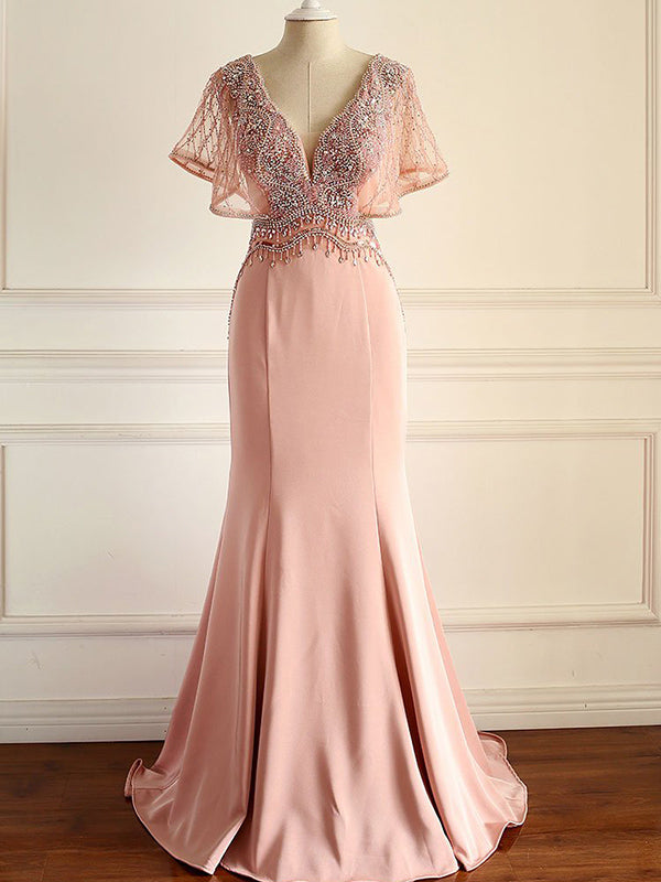Sexy V neck Short Sleeve Mermaid Prom Dress Luxury Beaded Open Back Fo cathyprom Sexy V neck Short Sleeve Mermaid Prom Dress Luxury Beaded Open Back Fo cathyprom