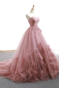 Ball Gown Sweetheart Appliques Blush Prom Dress Tulle Long Prom Evening Dress CAP51236|CathyProm