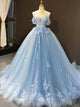 Ball Gown Cap Sleeve Appliques Blue Prom Dress Lace Up Long Prom Evening Dress CAP51237|CathyProm