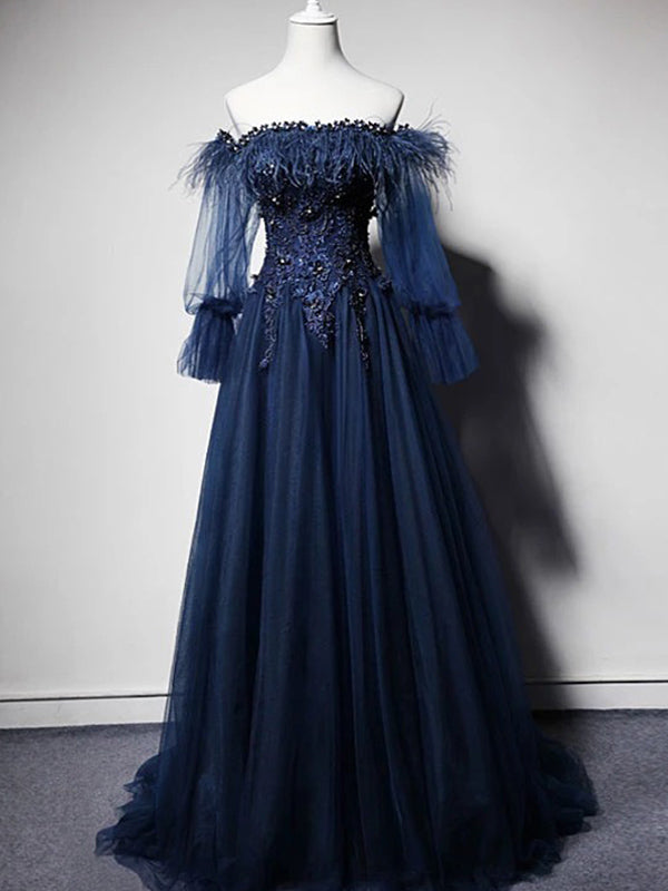 Off the Shoulder Long Sleeve Navy Prom Dress A Line Long Prom Evening cathyprom Off the Shoulder Long Sleeve Navy Prom Dress A Line Long Prom Evening cathyprom