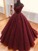 Ball Gown Cap Sleeve Sexy V Neck Burgundy Prom Dress Long Sparkly Prom Evening Dress CAP51240|CathyProm