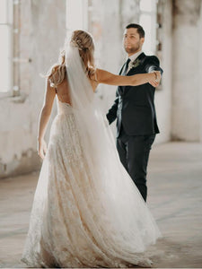 Luxury Lace Wedding Dress Sexy Spaghetti Straps Rustic Wedding Dress Open Back CP024|VathyProm