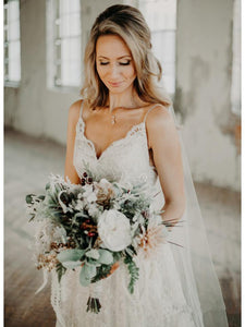 Luxury Lace Wedding Dress Sexy Spaghetti Straps Rustic Wedding Dress Open Back CP024|VathyProm
