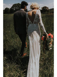 Exquisite Lace Wedding Dress Long Sleeve Open Back Rustic Wedding Dress Bridal Gown CP027|CathyProm