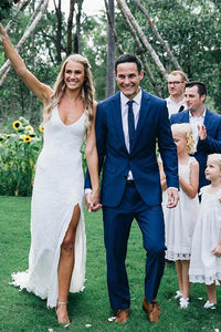 Sexy Spaghetti Straps Sheath Wedding Dress with Slit Romantic Lace Beach Wedding Dress CP028|CathyProm
