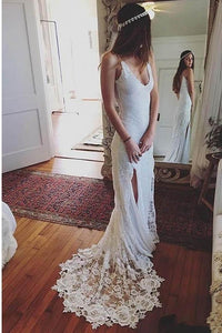 Sexy Spaghetti Straps Sheath Wedding Dress with Slit Romantic Lace Beach Wedding Dress CP028|CathyProm