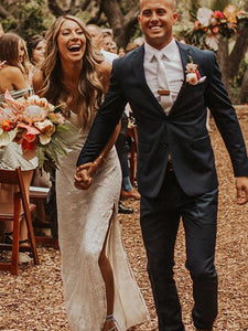 Sexy Spaghetti Straps Sheath Wedding Dress with Slit Romantic Lace Beach Wedding Dress CP028|CathyProm