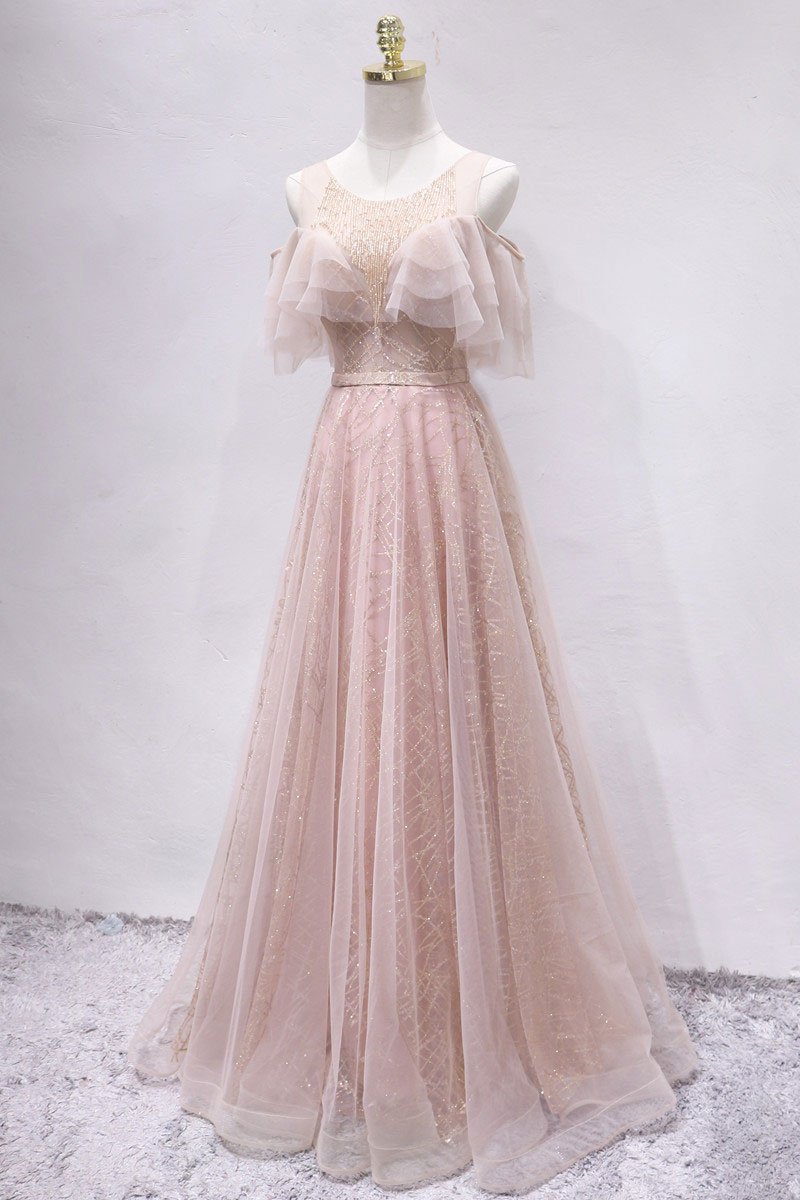 Off the Shoulder Unique Tulle Blush Prom Dress Long A Line Elegant Pro cathyprom Off the Shoulder Unique Tulle Blush Prom Dress Long A Line Elegant Pro cathyprom