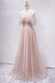 Off the Shoulder Unique Tulle Blush Prom Dress Long A Line Elegant Prom Evening Dress CTB1516|CathyProm