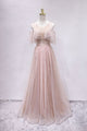 Off the Shoulder Unique Tulle Blush Prom Dress Long A Line Elegant Prom Evening Dress CTB1516|CathyProm