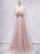 Off the Shoulder Unique Tulle Blush Prom Dress Long A Line Elegant Prom Evening Dress CTB1516|CathyProm
