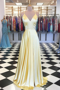Sexy V neck A Line Yellow Long Prom Dresses Backless Simple Prom Evening Dress CTB1517|CathyProm