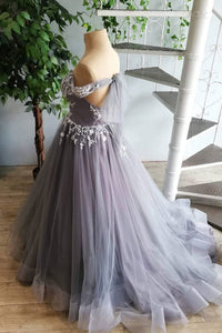 Sexy Deep V Neck Cap Sleeve Long Prom Dress Chic Appliques Ball Gown Formal Evening Dress CTB1518|CathyProm