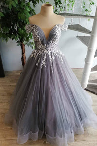 Sexy Deep V Neck Cap Sleeve Long Prom Dress Chic Appliques Ball Gown Formal Evening Dress CTB1518|CathyProm