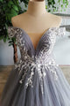 Sexy Deep V Neck Cap Sleeve Long Prom Dress Chic Appliques Ball Gown Formal Evening Dress CTB1518|CathyProm