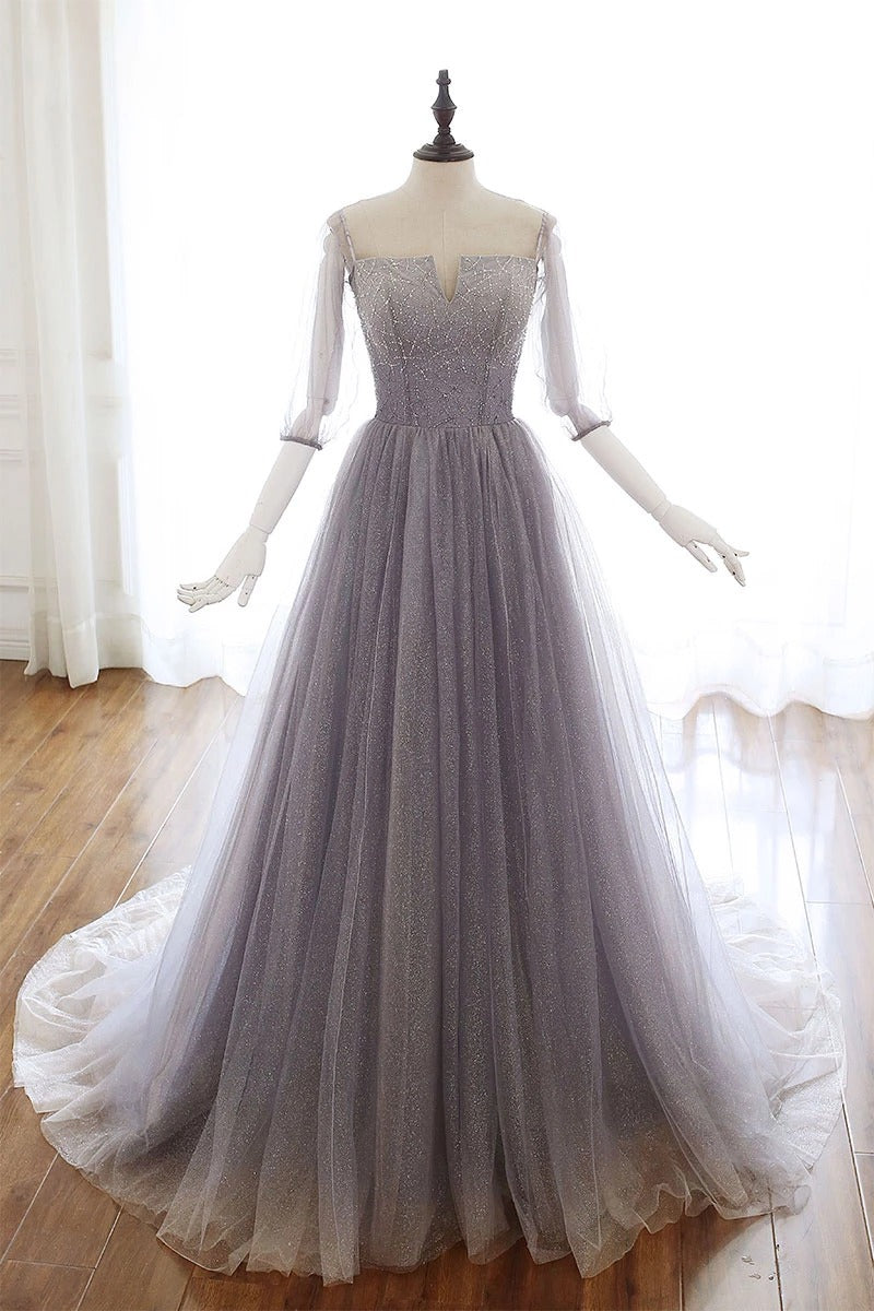 Off the Shoulder Unique Tulle A Line Prom Dress with Sleeves Chic Bead cathyprom Off the Shoulder Unique Tulle A Line Prom Dress with Sleeves Chic Bead cathyprom