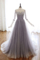 Off the Shoulder Unique Tulle A Line Prom Dress with Sleeves Chic Beaded Prom Evening Dress CTB1614|CathyProm