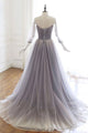 Off the Shoulder Unique Tulle A Line Prom Dress with Sleeves Chic Beaded Prom Evening Dress CTB1614|CathyProm