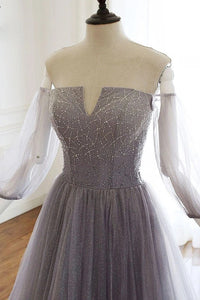 Off the Shoulder Unique Tulle A Line Prom Dress with Sleeves Chic Beaded Prom Evening Dress CTB1614|CathyProm