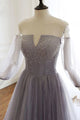 Off the Shoulder Unique Tulle A Line Prom Dress with Sleeves Chic Beaded Prom Evening Dress CTB1614|CathyProm